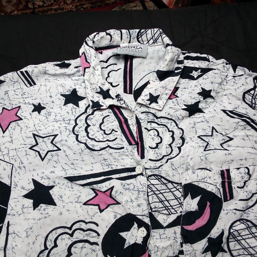 Vintage Forenza Abstract Stars Doodle Pattern Button Shirt